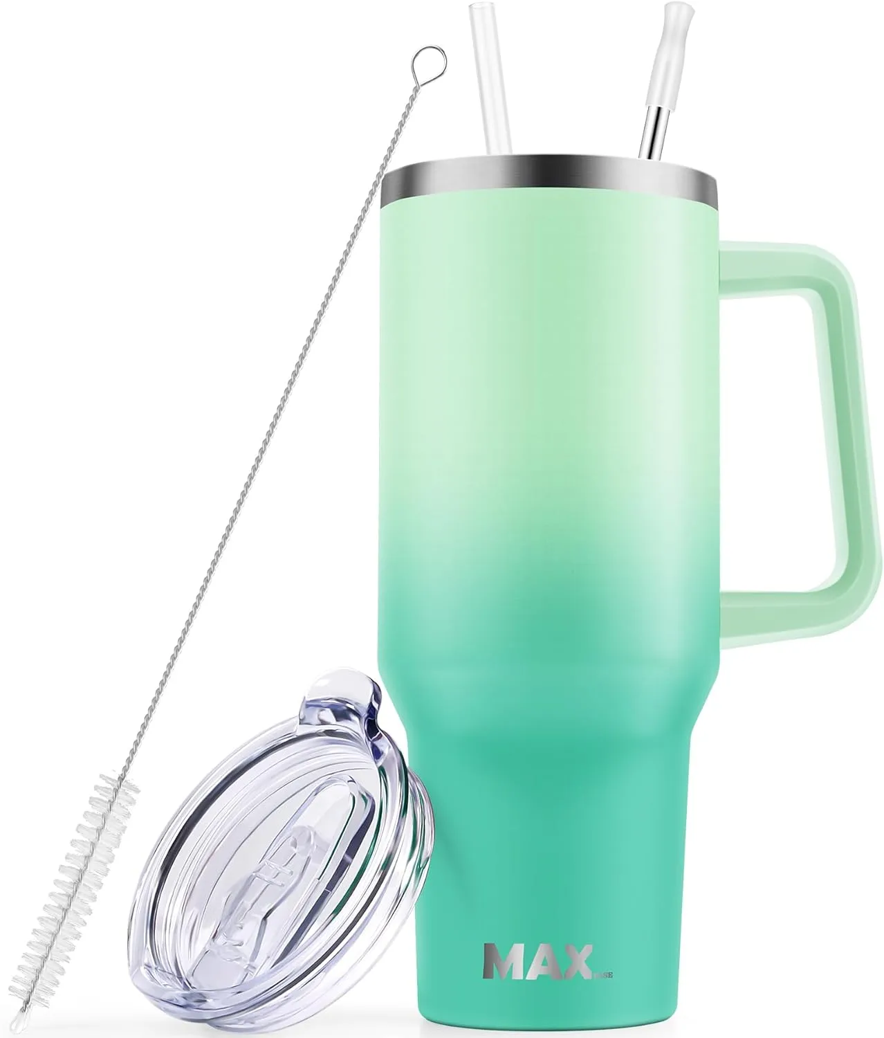 MaxBase 40 Oz Tumbler with Handle and Straw Lid, Insulated Reusable Stainless Steel Travel Mug Keeps Drinks Cold up to 34 Hours, 100% Leakproof Bottle (Jade)