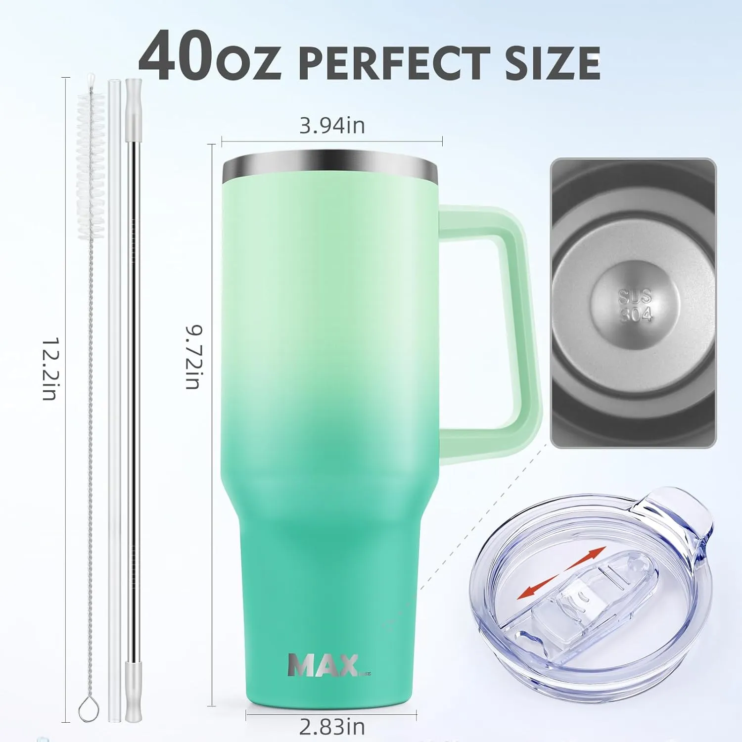 MaxBase 40 Oz Tumbler with Handle and Straw Lid, Insulated Reusable Stainless Steel Travel Mug Keeps Drinks Cold up to 34 Hours, 100% Leakproof Bottle (Jade)
