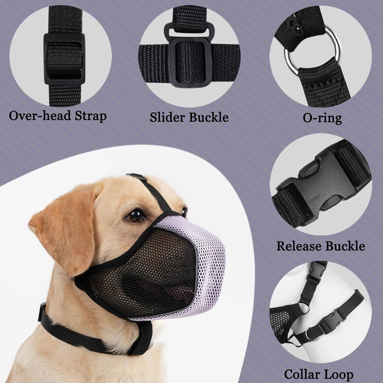 Mayerzon Dog Muzzle, Patented Mesh Soft Muzzles for Large Medium Small Dogs Poodle Husky Doberman Labrador Retriever for Scavenging Grooming Biting Chewing, Breathable Reflective Mussel with Collar