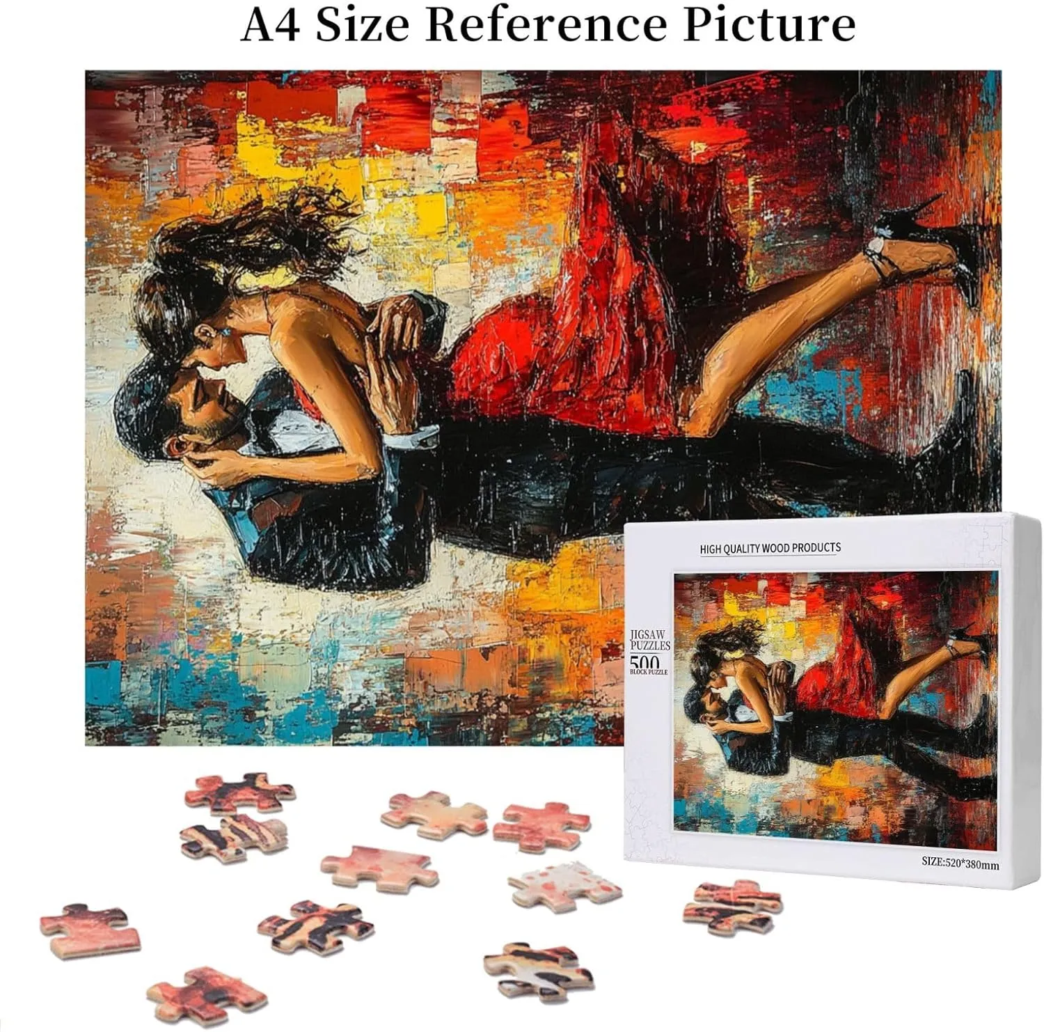 Men and Women at The Ball，500 Piece Adults Wooden Jigsaw Puzzle，, Set Against A Bold, Colorful, Abstract Backdrop，Creative Activity Hobbies，Party Events to Bring People Closer Together