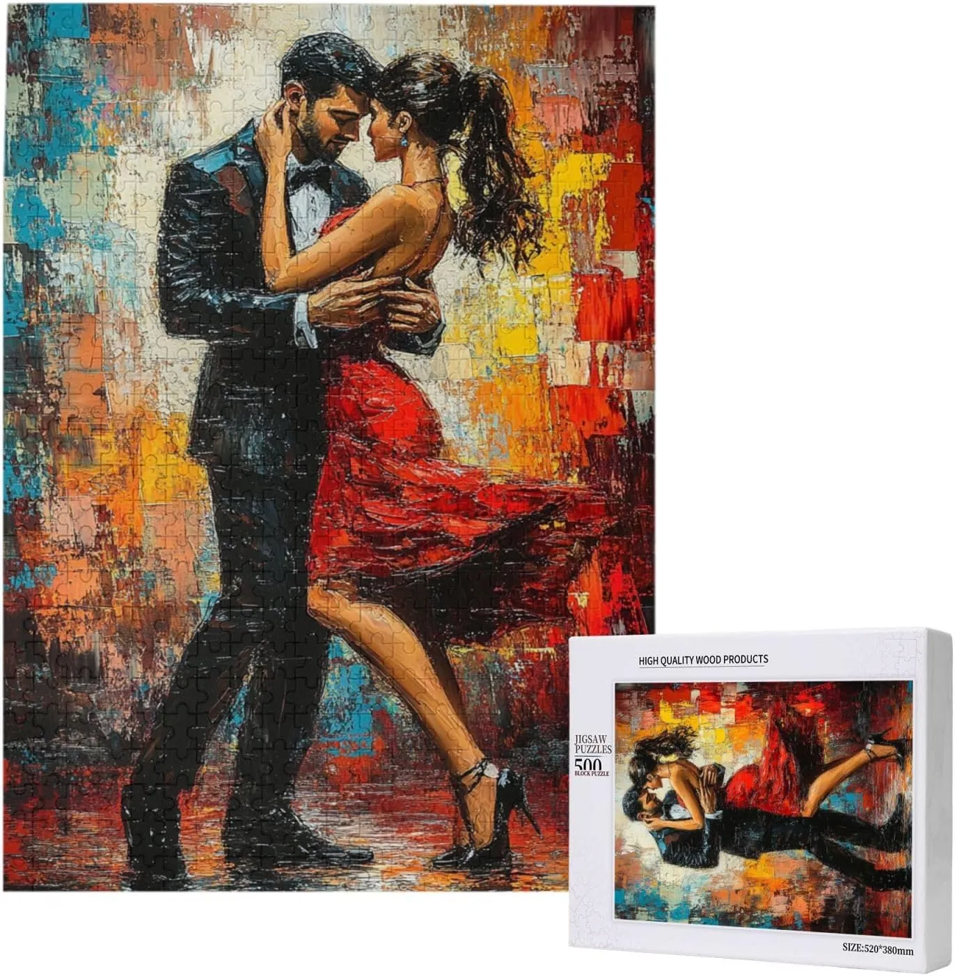 Men and Women at The Ball，500 Piece Adults Wooden Jigsaw Puzzle，, Set Against A Bold, Colorful, Abstract Backdrop，Creative Activity Hobbies，Party Events to Bring People Closer Together