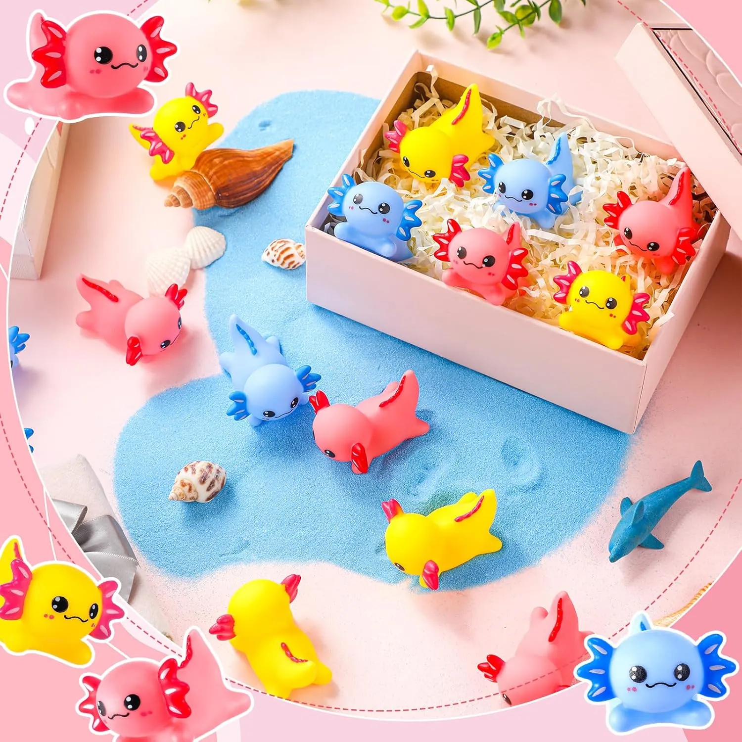 Meooeck 30 Pcs Axolotl Float Bath Toy Baby Rubber Water Squirting Squeaky Toy Bulk Axolotl Figurine Statues Decor for Summer Pool Shower Birthday Party Favors(Pink,Yellow, Blue)
