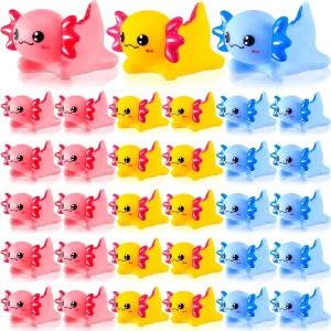 Meooeck 30 Pcs Axolotl Float Bath Toy Baby Rubber Water Squirting Squeaky Toy Bulk Axolotl Figurine Statues Decor for Summer Pool Shower Birthday Party Favors(Pink,Yellow, Blue)