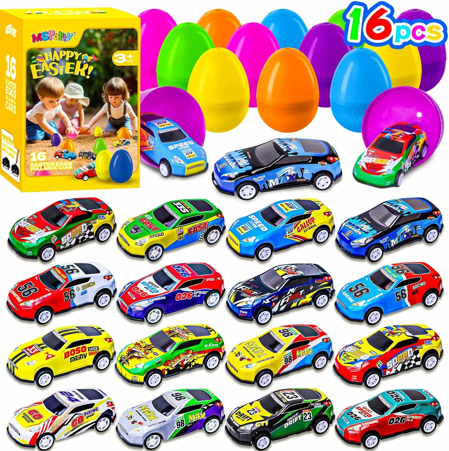 MGparty 16 PCS Prefilled Easter Eggs with Pull Back Cars, Easter Basket Stuffers and Egg Hunt Toys for Kids, Race Car Easter Gifts for Boys and Girls, Party Favors and Classroom Prizes