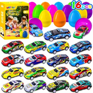 MGparty 16 PCS Prefilled Easter Eggs with Pull Back Cars, Easter Basket Stuffers and Egg Hunt Toys for Kids, Race Car Easter Gifts for Boys and Girls, Party Favors and Classroom Prizes