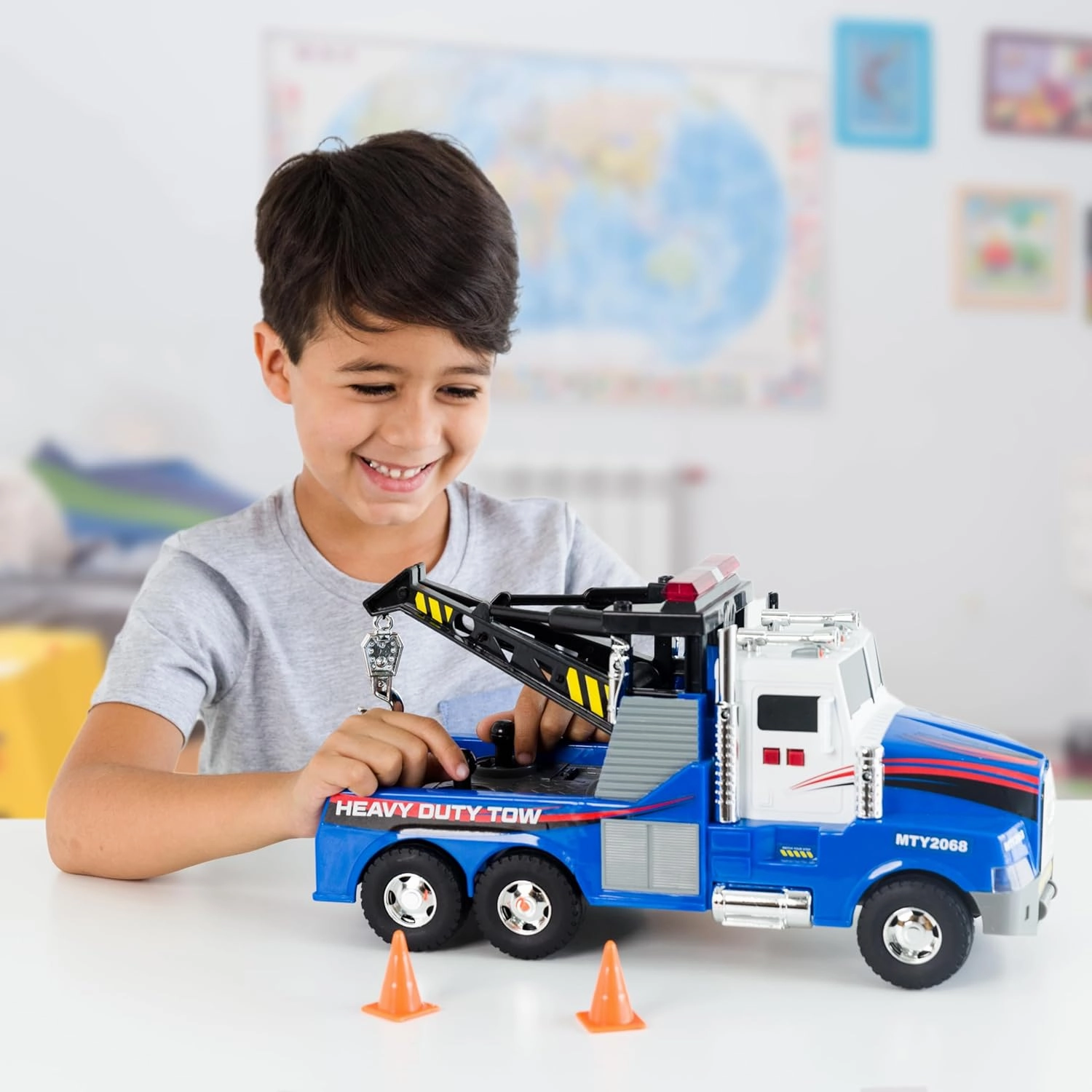 Mighty Fleet Mighty Motorized Tow Truck Toy – 15" Vehicle with Lights, Sounds, Working Winch & Traffic Cones – Batteries Included – Ages 3 