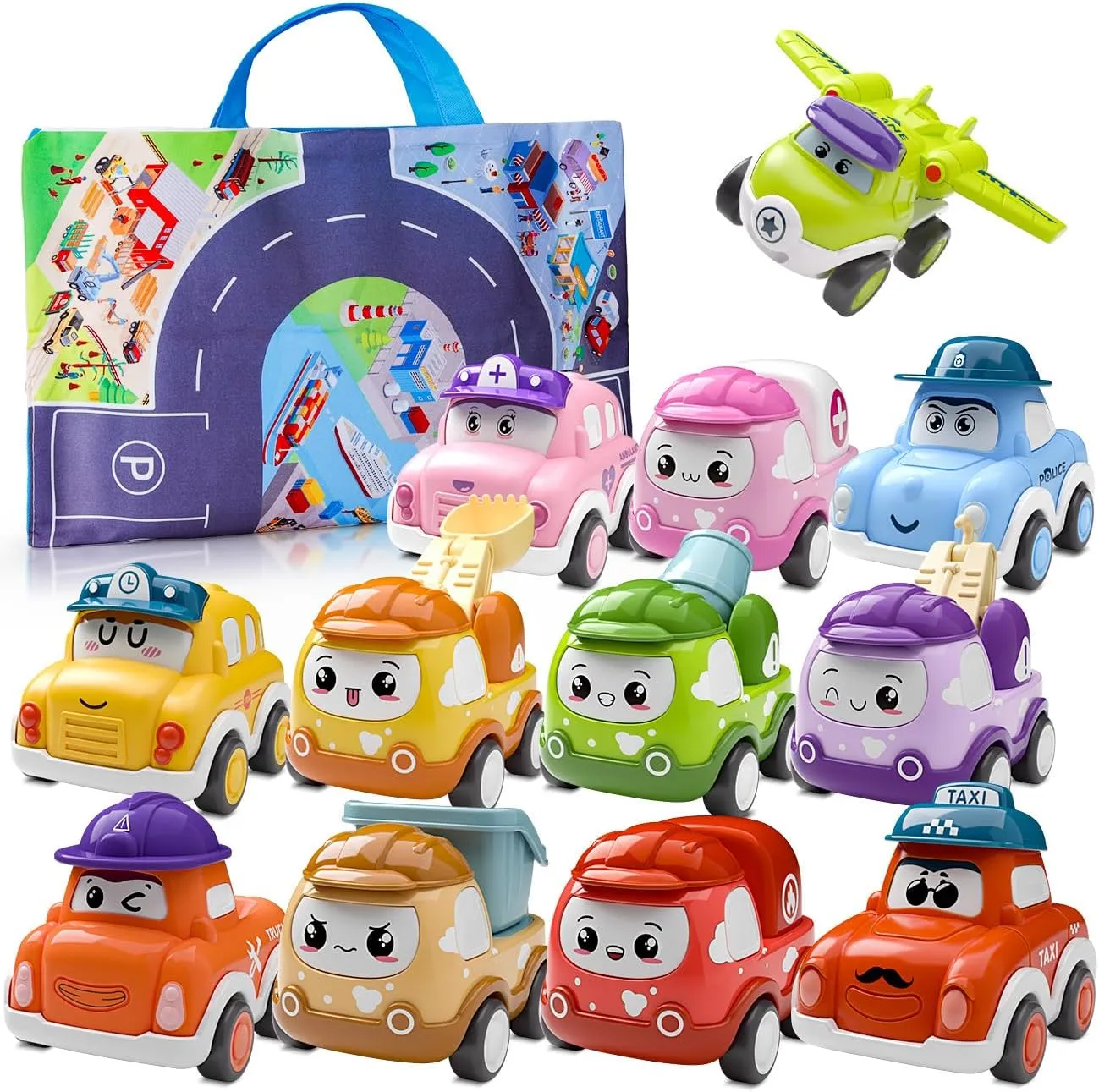 Mini Car Toys for 1 Year Old Boy Gifts, 12 Sets Pull-Back Trucks with Playmat for Toddlers Age 1-2, Baby Toys 12-18 Months, 1st Christmas Birthday Gifts for One Year Olds