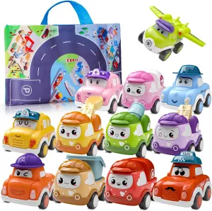 Mini Car Toys for 1 Year Old Boy Gifts, 12 Sets Pull-Back Trucks with Playmat for Toddlers Age 1-2, Baby Toys 12-18 Months, 1st Christmas Birthday Gifts for One Year Olds