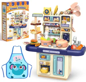 Mini Kids Kitchen Playset with Apron, Play Kitchen Toy with Realistic Steam and Lights, Play Sink and Toy Kitchen Accessories, Pretend Play Gift for Toddlers 3-5 Boys Girls