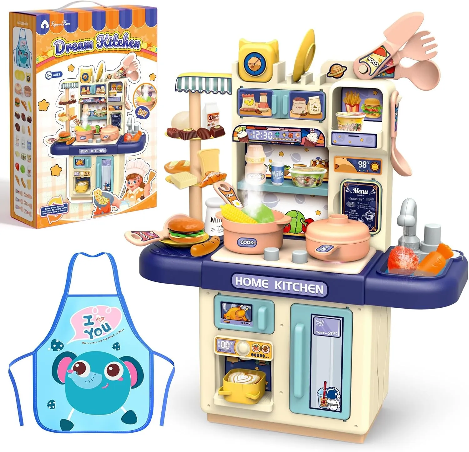 Mini Kids Kitchen Playset with Apron, Play Kitchen Toy with Realistic Steam and Lights, Play Sink and Toy Kitchen Accessories, Pretend Play Gift for Toddlers 3-5 Boys Girls