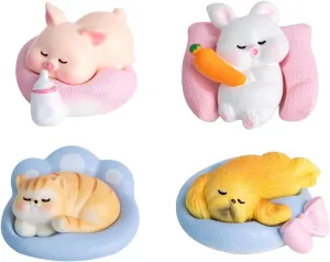 Mini Resin Animals 4-Pack Cute Sleeping Cat, Dog, Pig and Rabbit Dolls DIY Animal Doll House Decorations