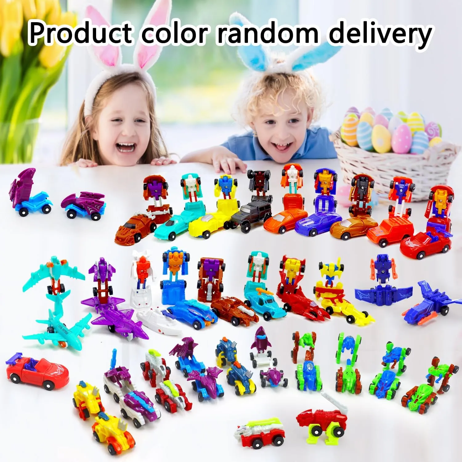 Mini Transform Robot Car for Toddler, Converting Action Figures Include Pink Sports Car Red Police Car Blue Plane, Girl Kids Birthday Easter Gift Educational Rewards