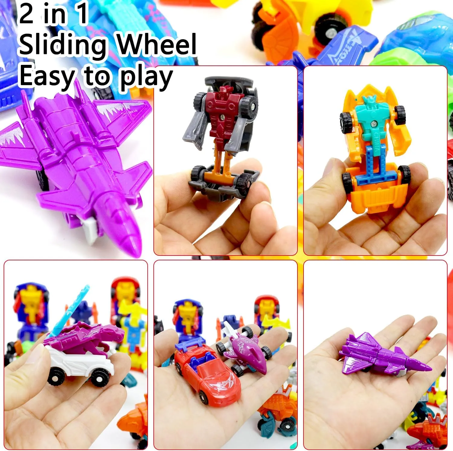 Mini Transform Robot Car for Toddler, Converting Action Figures Include Pink Sports Car Red Police Car Blue Plane, Girl Kids Birthday Easter Gift Educational Rewards