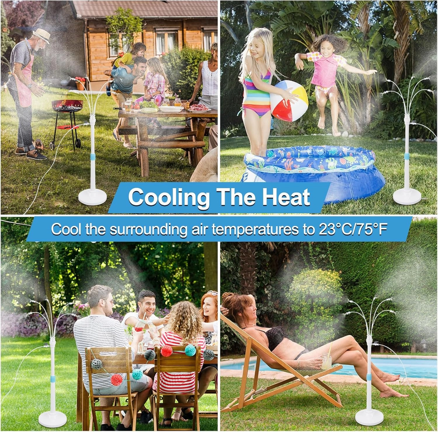 Misters for Outside Patio, Standing Misting Cooling System, Portable Outdoor Water Mist Hose Kit, Adjustable 45.7in Height & 5 Spray Nozzles for Backyard Garden Pool Tanning BBQ Cool Kids Pet Playing