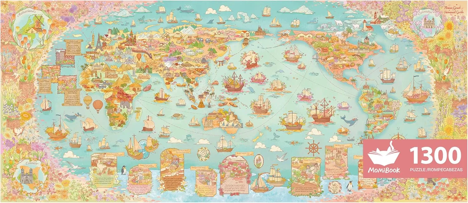 MOMIBOOK Puzzles for Adults 1300 Piece Jigsaw Puzzles of Flower Great Universal Guide, Painting Image World Map Challenging Hard Impossible Puzzle, Funny Toys & Games Christmas Birthday Gifts