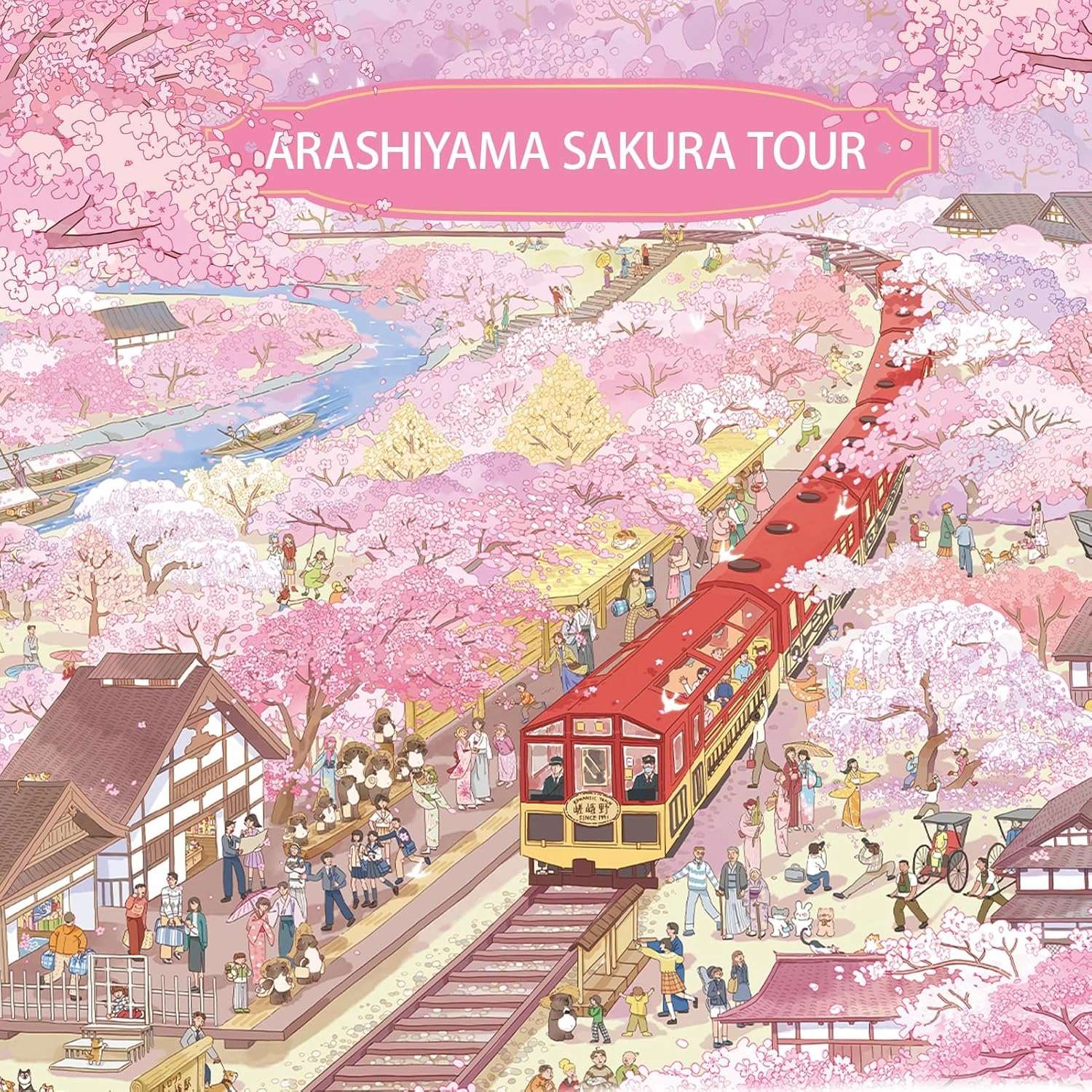 MOMIBOOK Puzzles for Adults 1000 Piece Jigsaw Puzzles of Arashiyama Sakura Tour, Painting Image Cherry Blossom Difficult Challenging Hard Impossible Puzzle Toys & Games Christmas Birthday Gifts