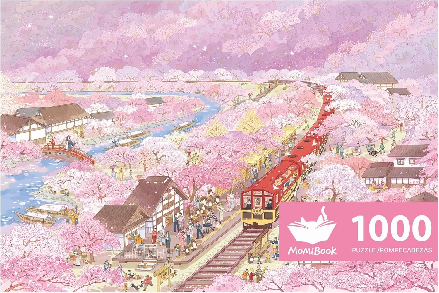 MOMIBOOK Puzzles for Adults 1000 Piece Jigsaw Puzzles of Arashiyama Sakura Tour, Painting Image Cherry Blossom Difficult Challenging Hard Impossible Puzzle Toys & Games Christmas Birthday Gifts