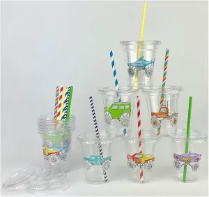 Monster Truck Party Cups with Lids and Straws, 12 oz, Set of 12, Kids Birthday Party Supplies