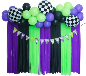 Monster Truck Racing Birthday Banner with Black, Green, Purple Balloons, Chessboard Foil Balloons for Kids Monster Jam Theme Party