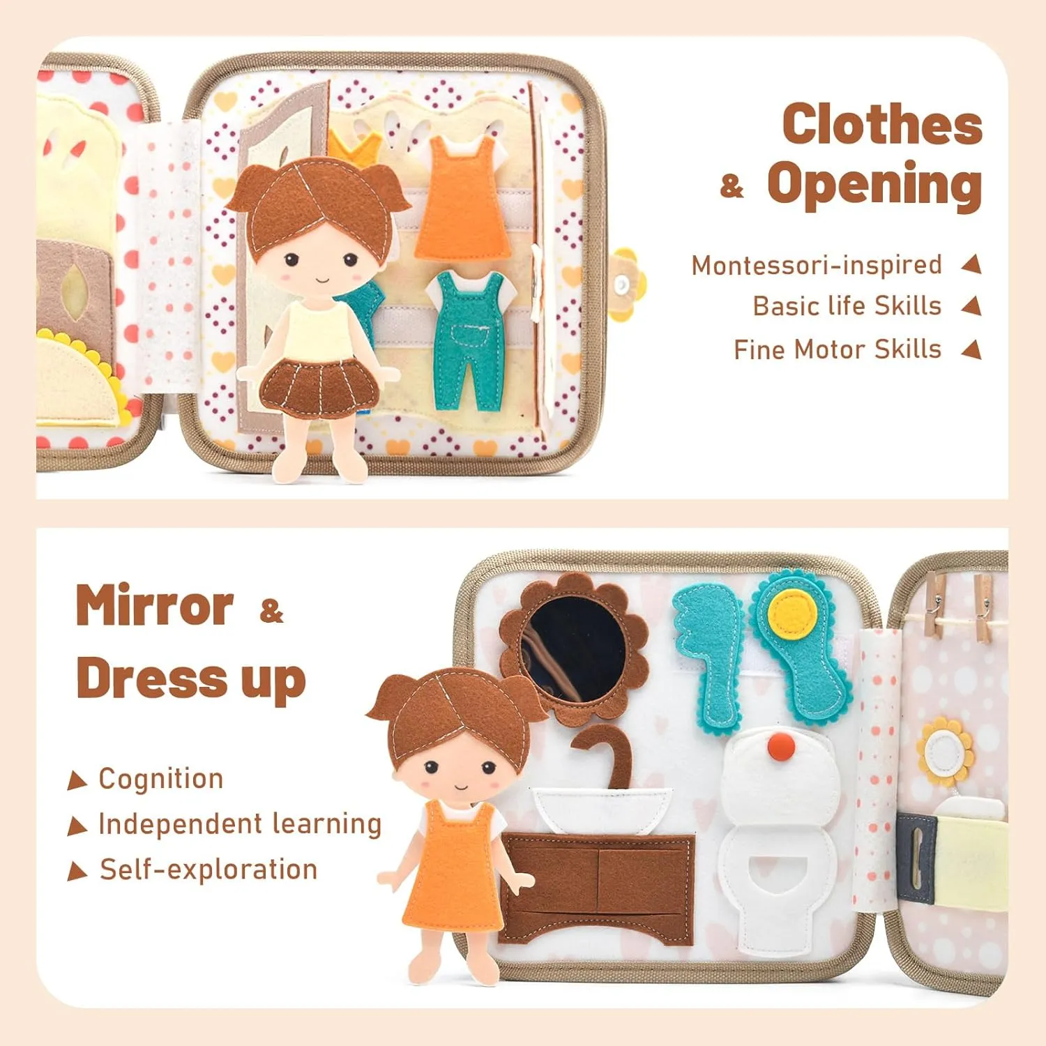 Montessori Busy Book for Toddlers 1-3, Felt Quiet Book & Busy Board for Preschool Learning, Fine Motor Skills, Sensory Play, Educational Travel Toy & Gift – Pretend Play for Girls, Brown