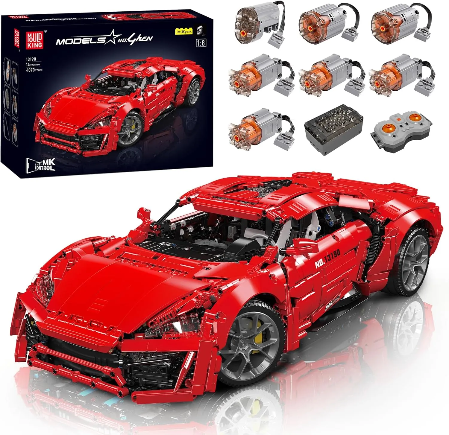 Mould King 13190 Super Sports Car Building Blocks, 4070 Pieces Technik Race Car Model Toy with 7 Motor, Remote Control Vehicle Collectible for Adult
