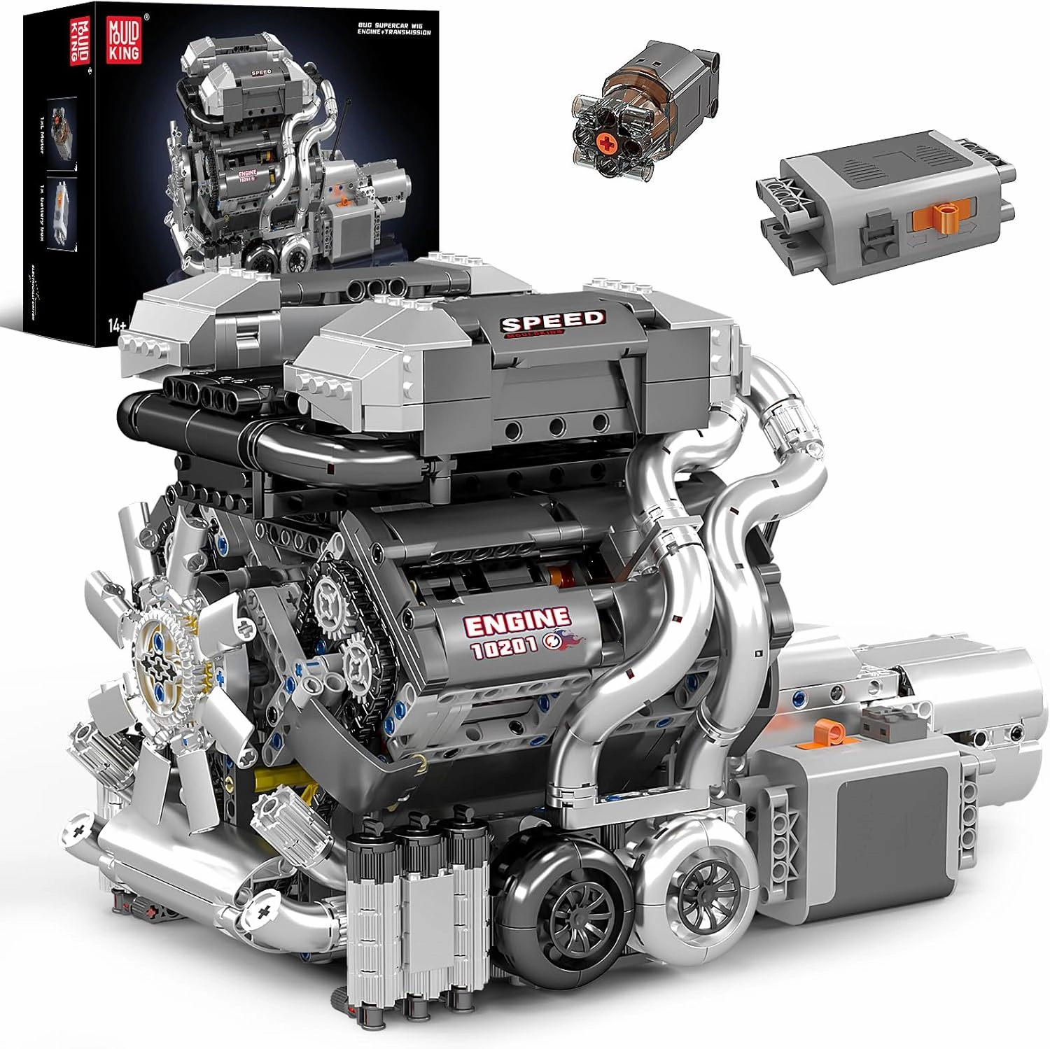 Mould King 10201 W16 Engine Model Kit, MOC Bug Supercar Engine Model with Battery and Motor, Collectable 16-Cylinder Car Engine Transmission, Shiftable Gear Operation for Kids/Adults (2024  PCS)