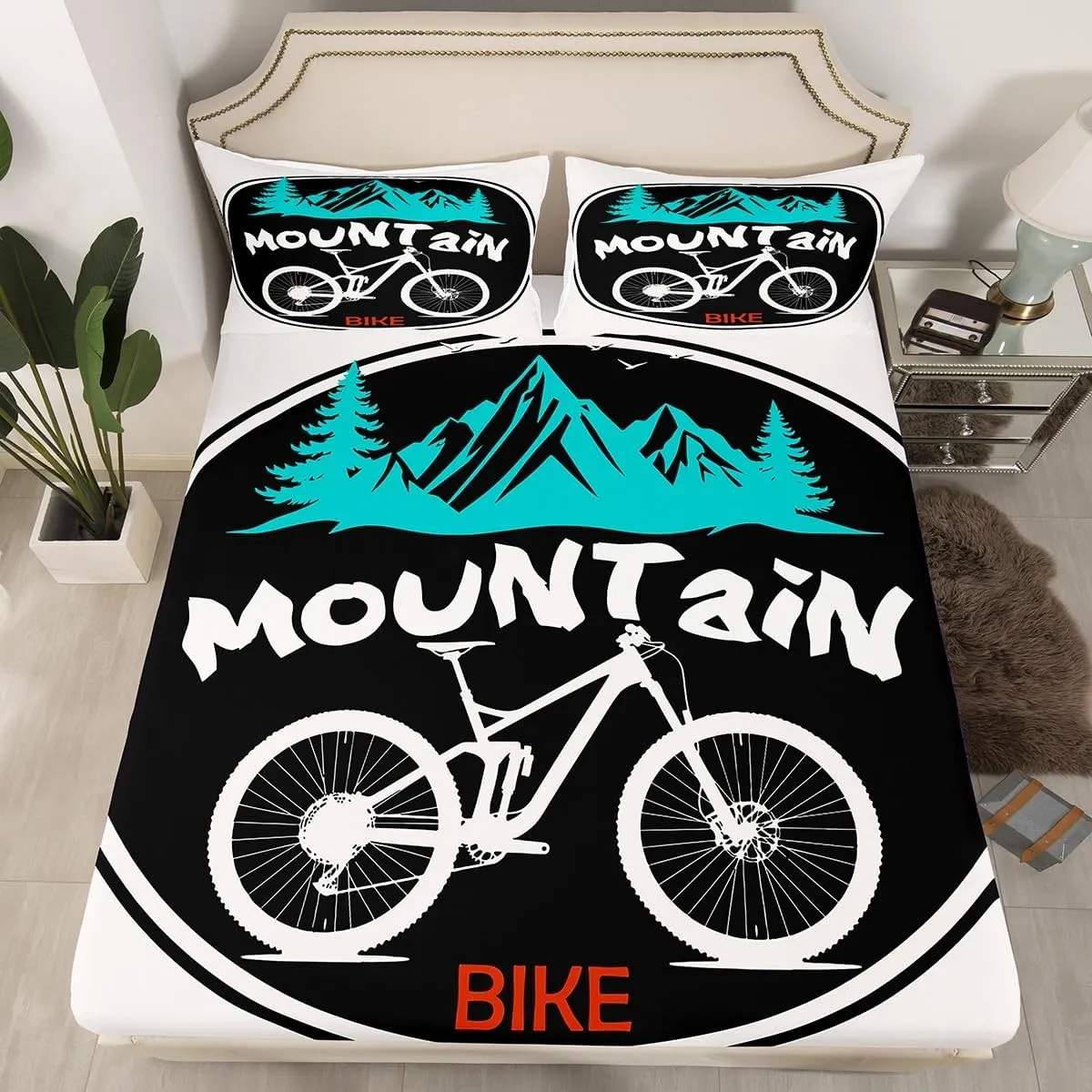 Mountain Bike Kids Fitted Sheet Queen Size,Mount Adventure Bicycle Rider Bedding Set,Boys Girls Room Decor,Extreme Racing Sports Games Bed Cover,Black White Bed Sheet,2 Pillowcases(No Flat Sheet)