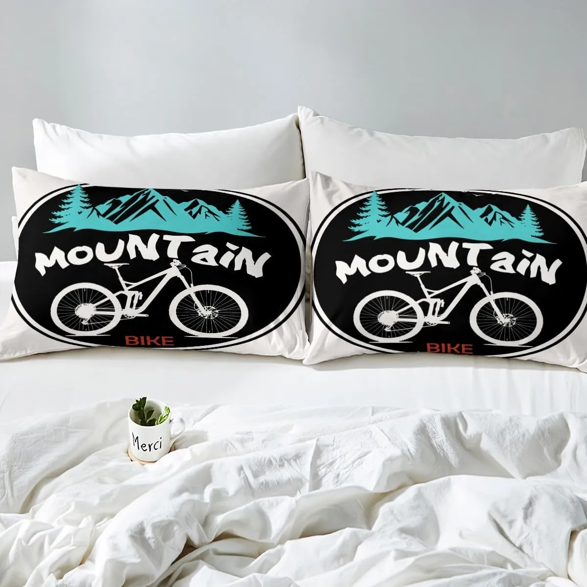 Mountain Bike Kids Fitted Sheet Queen Size,Mount Adventure Bicycle Rider Bedding Set,Boys Girls Room Decor,Extreme Racing Sports Games Bed Cover,Black White Bed Sheet,2 Pillowcases(No Flat Sheet)