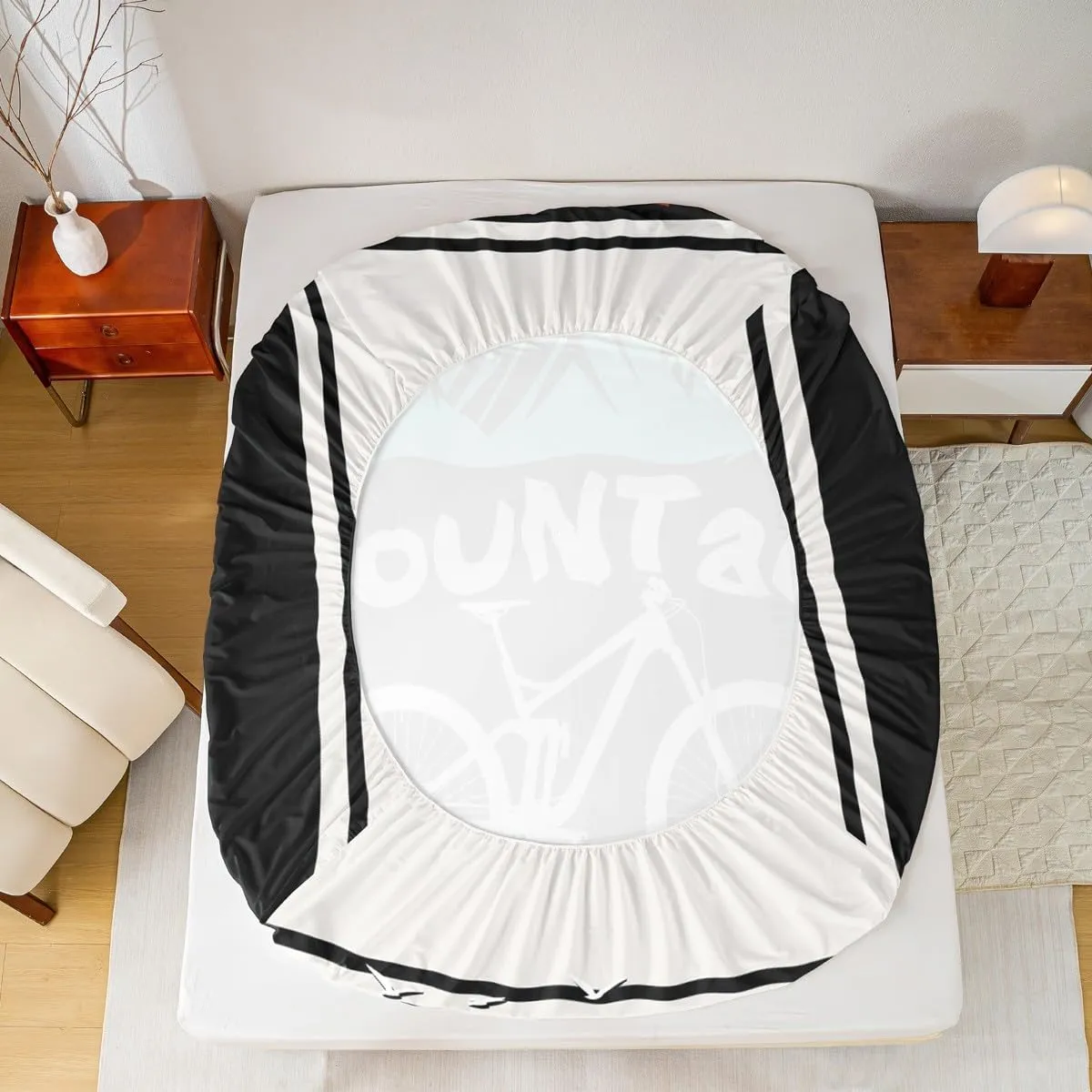 Mountain Bike Kids Fitted Sheet Queen Size,Mount Adventure Bicycle Rider Bedding Set,Boys Girls Room Decor,Extreme Racing Sports Games Bed Cover,Black White Bed Sheet,2 Pillowcases(No Flat Sheet)