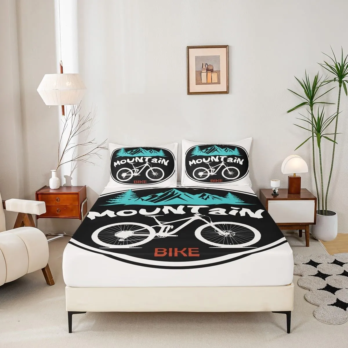 Mountain Bike Kids Fitted Sheet Queen Size,Mount Adventure Bicycle Rider Bedding Set,Boys Girls Room Decor,Extreme Racing Sports Games Bed Cover,Black White Bed Sheet,2 Pillowcases(No Flat Sheet)
