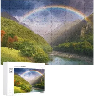 Mountain Valley with Rainbow Puzzles 300 Pieces Personalized Jigsaw Puzzles Mountain Valley with Rainbow Photo Puzzle Challenging Picture Puzzle for Adults Personaliz Jigsaw with Storage Bag (15.7" X