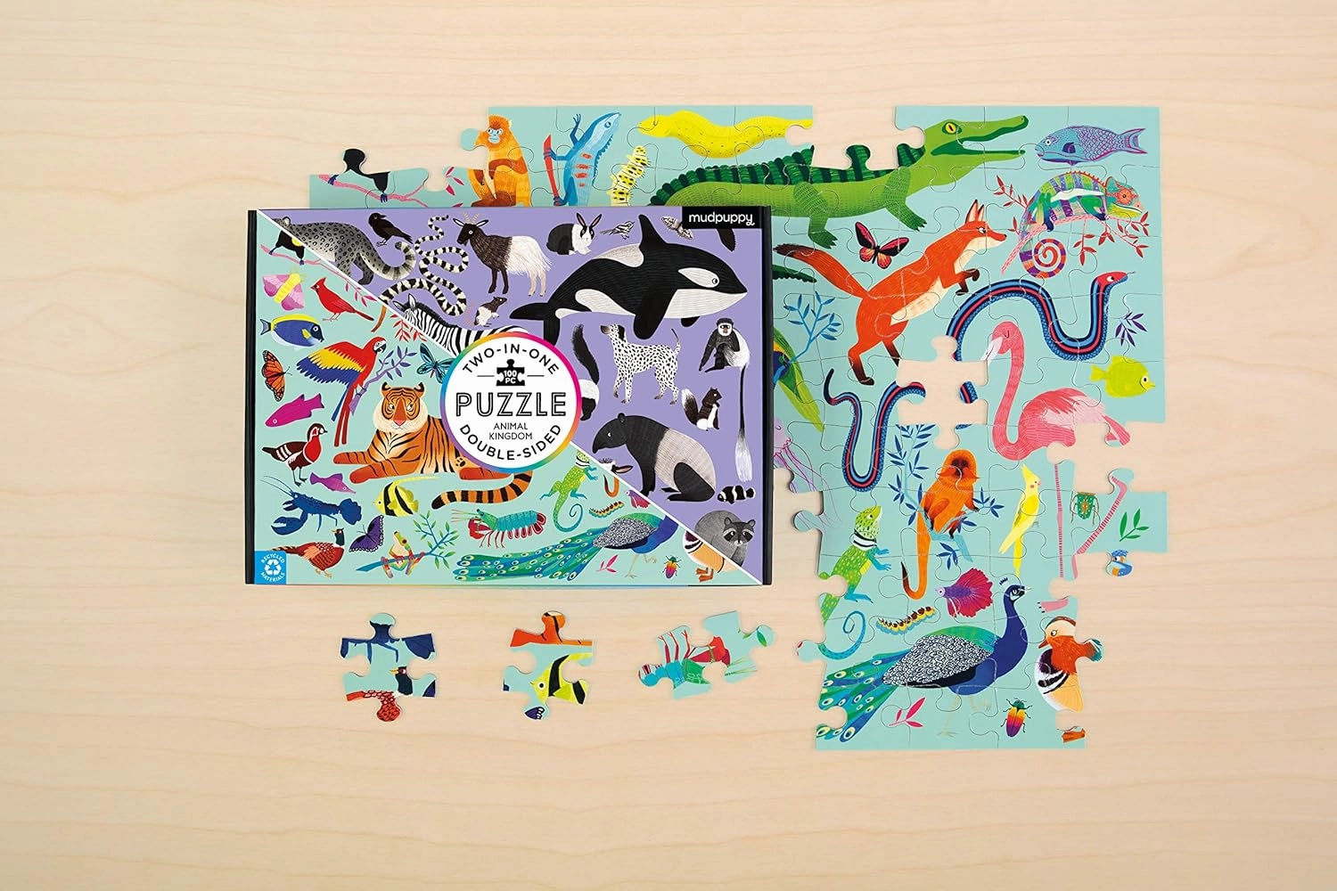 Mudpuppy Animal Kingdom Double-Sided Puzzle, 100 Pieces, 22”x16.5” – Perfect Family Puzzle for Ages 6  - With Colorful Animals on One Side, Black and White Animals on the Other– Two Puzzles in One Box