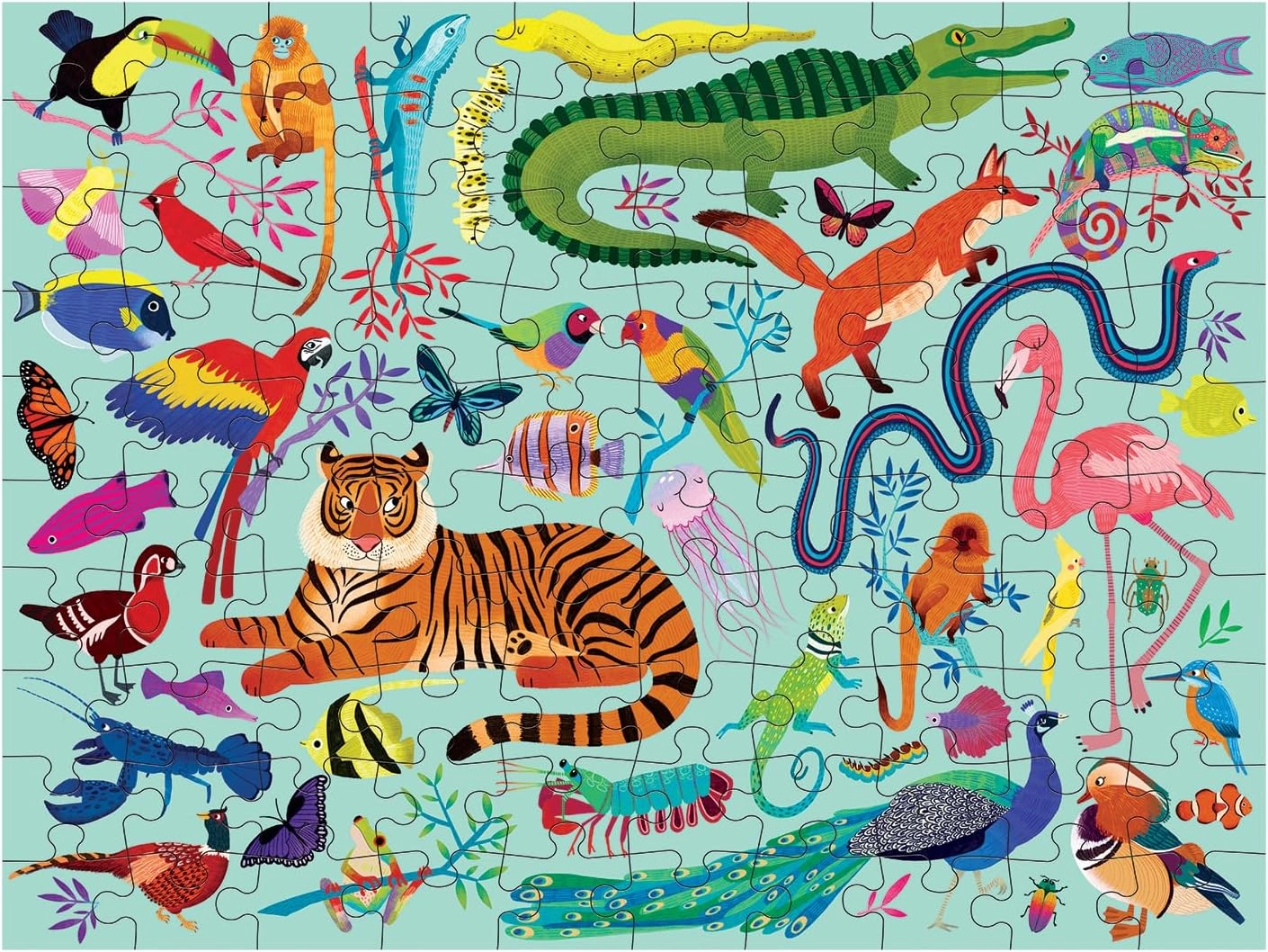 Mudpuppy Animal Kingdom Double-Sided Puzzle, 100 Pieces, 22”x16.5” – Perfect Family Puzzle for Ages 6  - With Colorful Animals on One Side, Black and White Animals on the Other– Two Puzzles in One Box