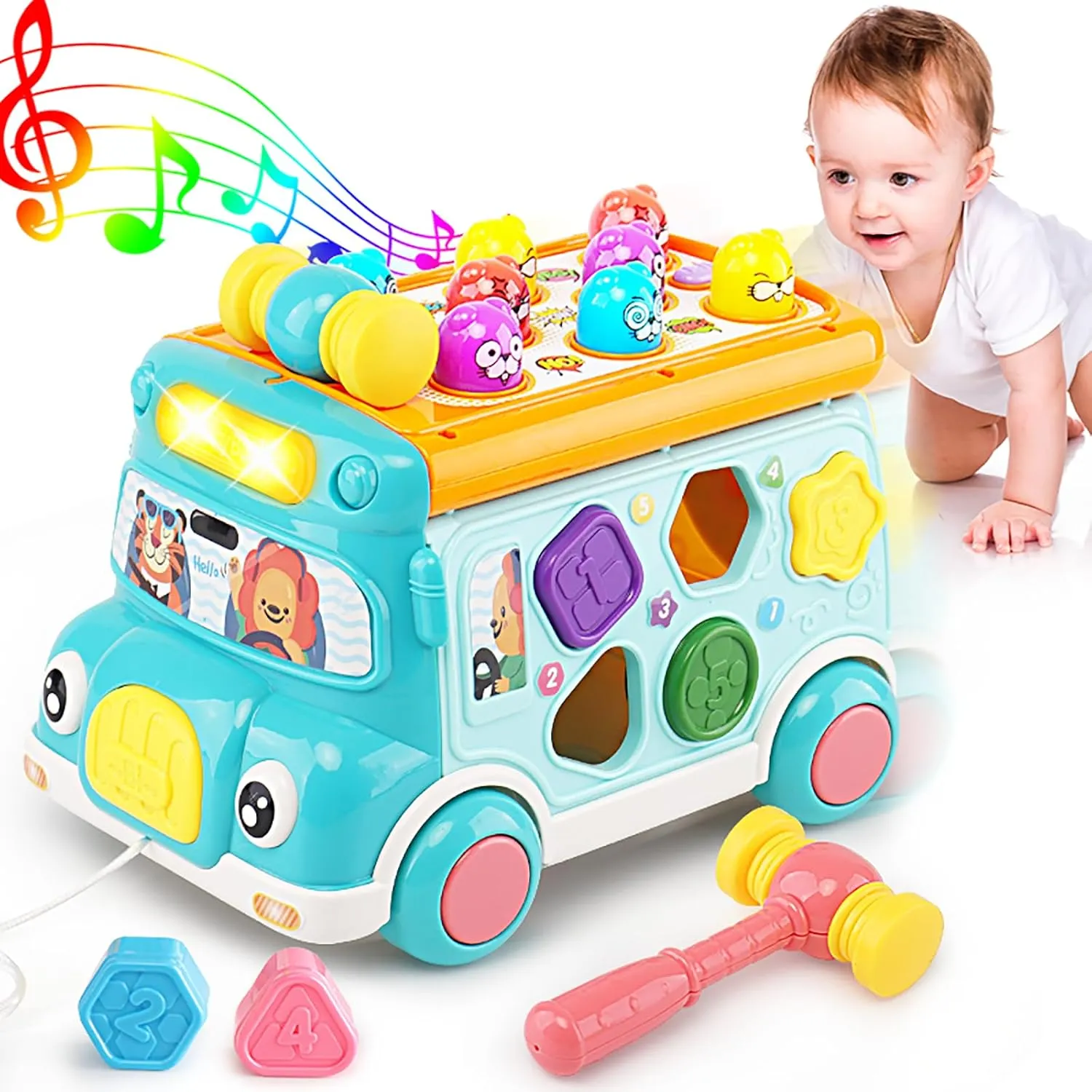 Music Activity Bus Baby Toy, Infant Education Learn Car, Sound & Light, Interactive Game, Shape Sorter, Animal Matching, Holiday Birthday Present for Toddler Kid Boy Girl 3 4 5 6 7 Years (Blue)