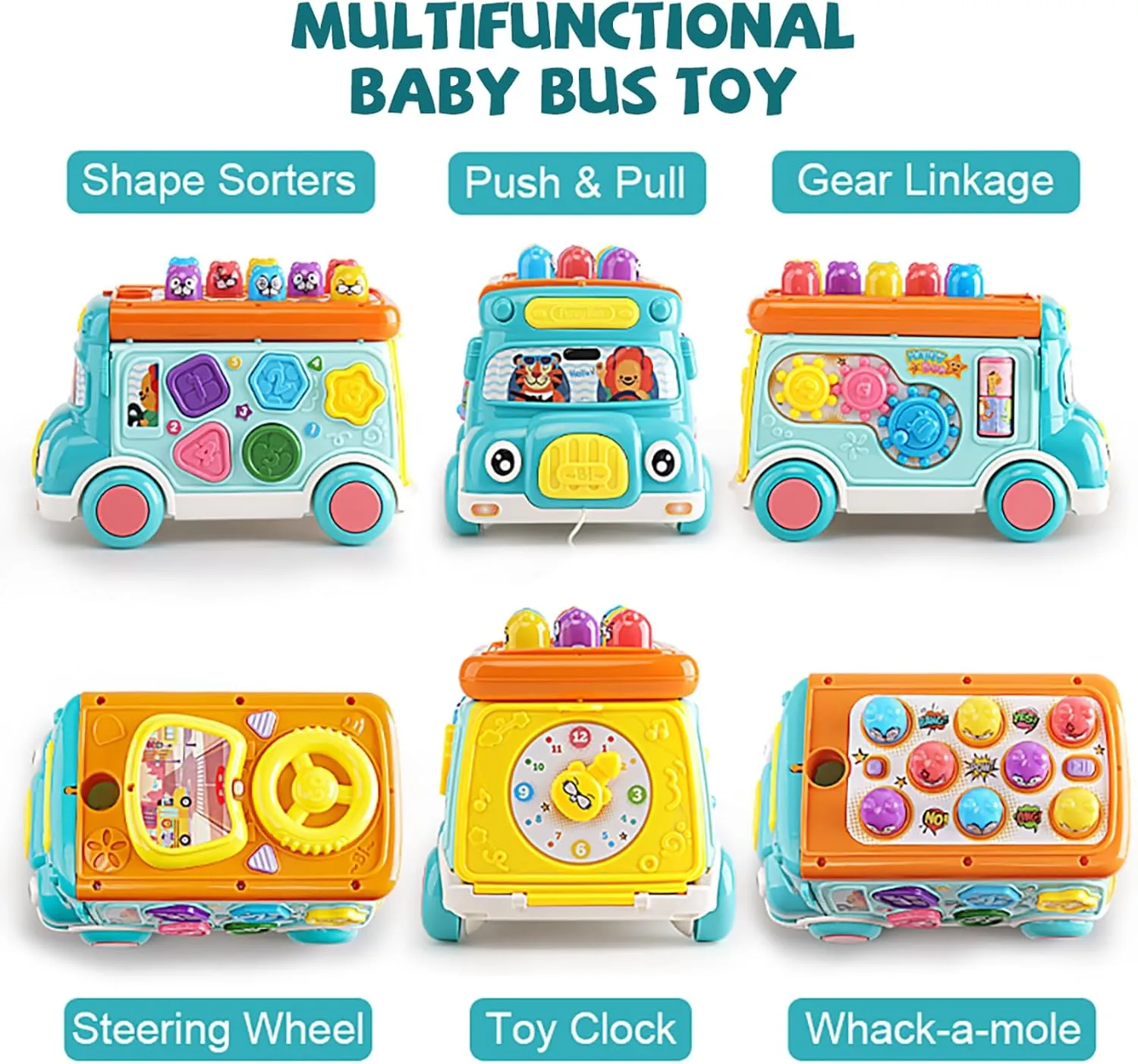 Music Activity Bus Baby Toy, Infant Education Learn Car, Sound & Light, Interactive Game, Shape Sorter, Animal Matching, Holiday Birthday Present for Toddler Kid Boy Girl 3 4 5 6 7 Years (Blue)