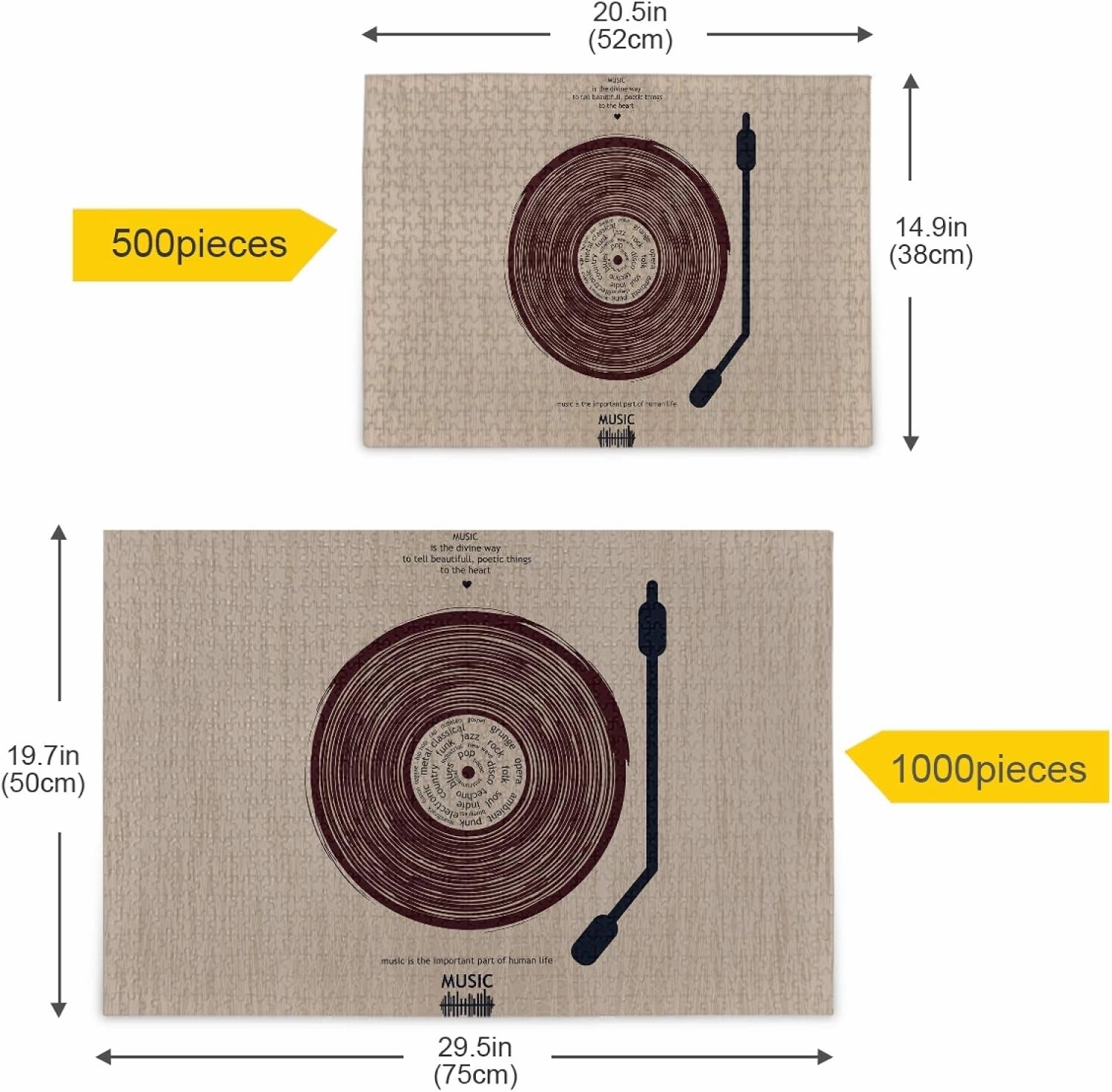 Musical Vinyl Record CD Player Brown Jigsaw Puzzles 500 Pieces Adult Kids Teens Piece Puzzle Leisure Game Toy Home Decor DIY Educational Gift with Mesh Storage Bag