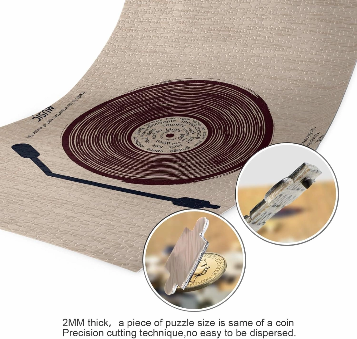 Musical Vinyl Record CD Player Brown Jigsaw Puzzles 500 Pieces Adult Kids Teens Piece Puzzle Leisure Game Toy Home Decor DIY Educational Gift with Mesh Storage Bag