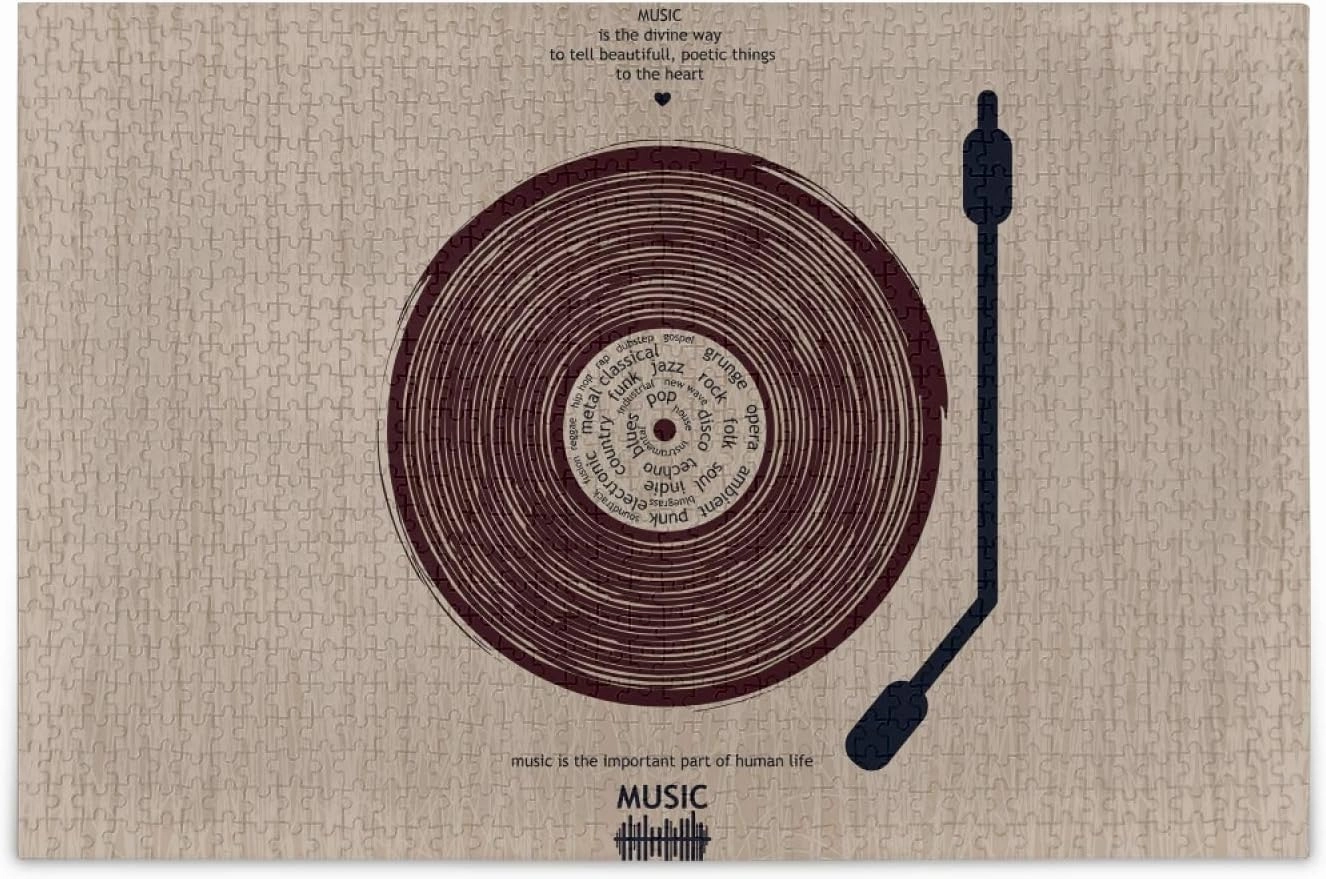 Musical Vinyl Record CD Player Brown Jigsaw Puzzles 500 Pieces Adult Kids Teens Piece Puzzle Leisure Game Toy Home Decor DIY Educational Gift with Mesh Storage Bag