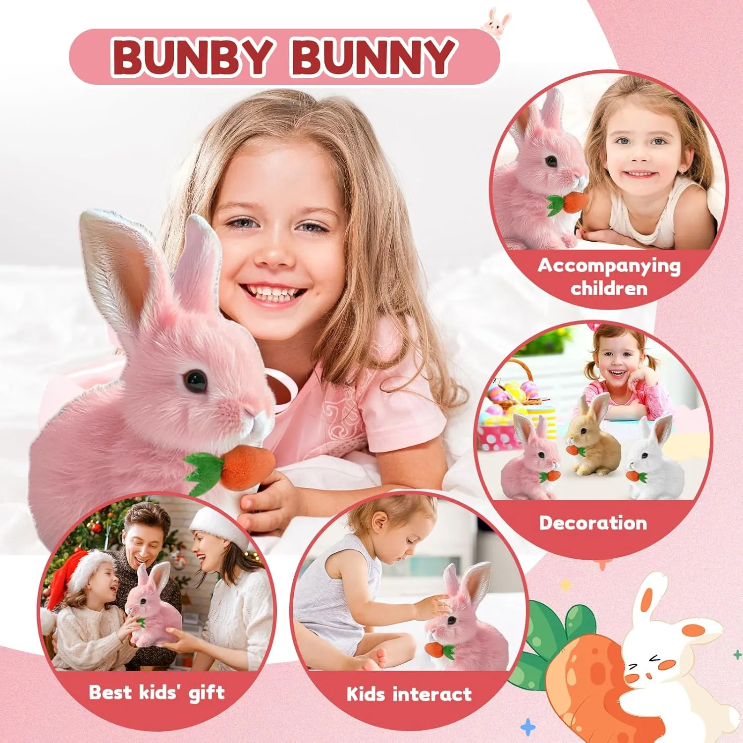 My Realistic Bunny Toy, 2025 Bunny Pal Toy Easter Basket Stuffers for Toddler, Hopping Easter Bunnies Stuffed Animal, Can Walk and Talk Shaking Ears Interactive Realistic Bunnies Plush Toys (Pink)