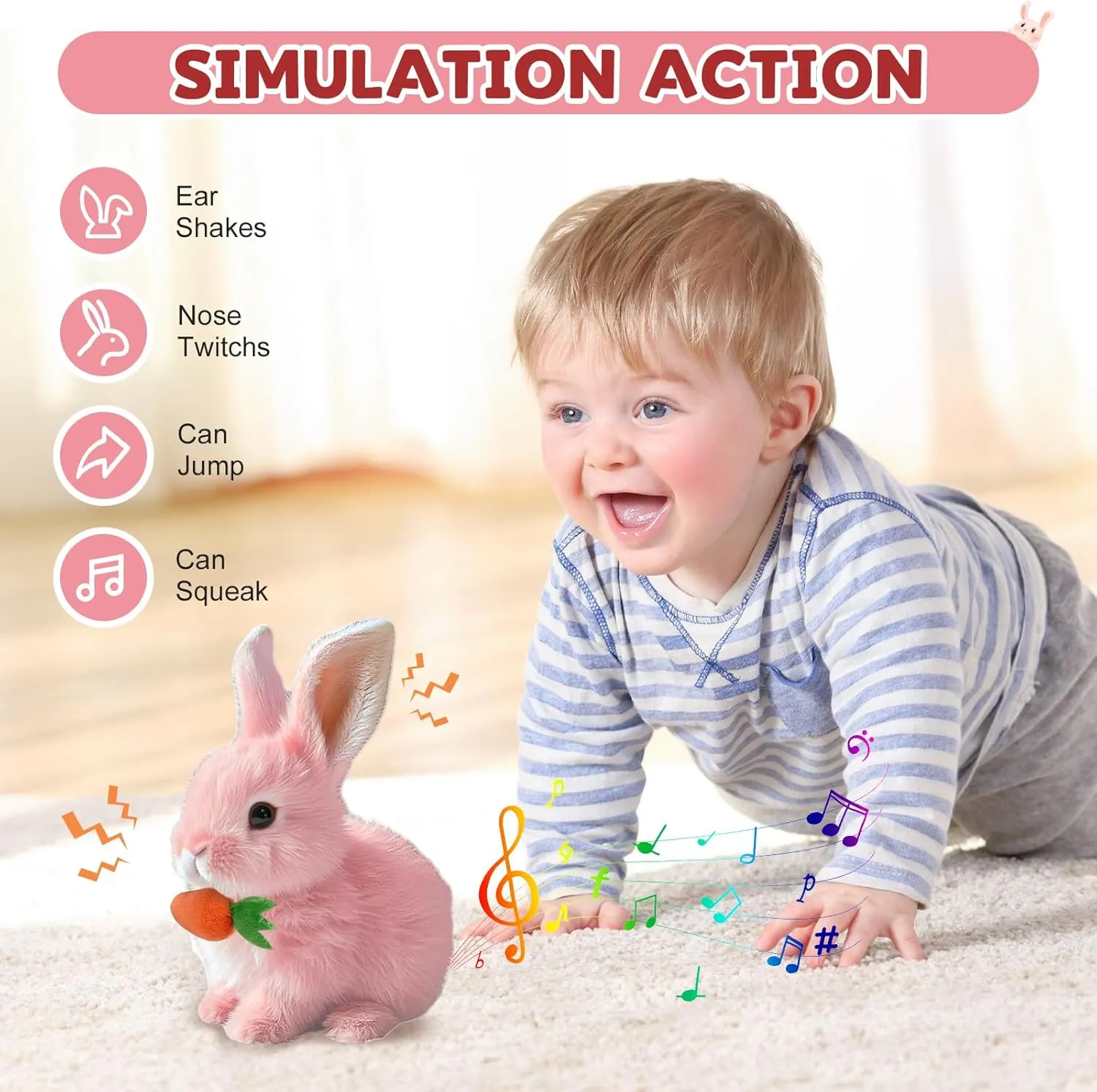 My Realistic Bunny Toy, 2025 Bunny Pal Toy Easter Basket Stuffers for Toddler, Hopping Easter Bunnies Stuffed Animal, Can Walk and Talk Shaking Ears Interactive Realistic Bunnies Plush Toys (Pink)