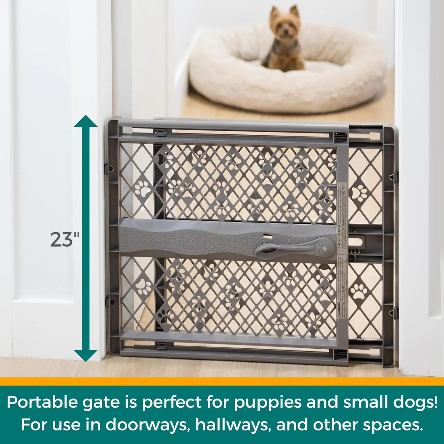 MYPET North States Paws Portable Pet Gate: 26-40" Wide. Pressure Mount. No Tools Needed. Made in USA. Dog Gate 23" Tall, Expandable, Durable Dog Gates for Doorways, Fieldstone Gray