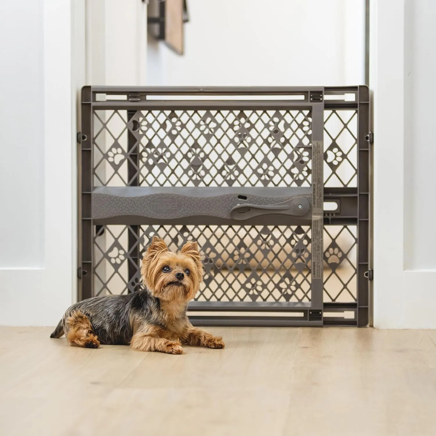 MYPET North States Paws Portable Pet Gate: 26-40" Wide. Pressure Mount. No Tools Needed. Made in USA. Dog Gate 23" Tall, Expandable, Durable Dog Gates for Doorways, Fieldstone Gray
