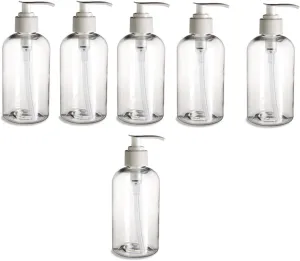 Natural Farms 6 pack- 8 oz Clear PET Boston Round Plastic Bottle with White Pump- Made in the USA