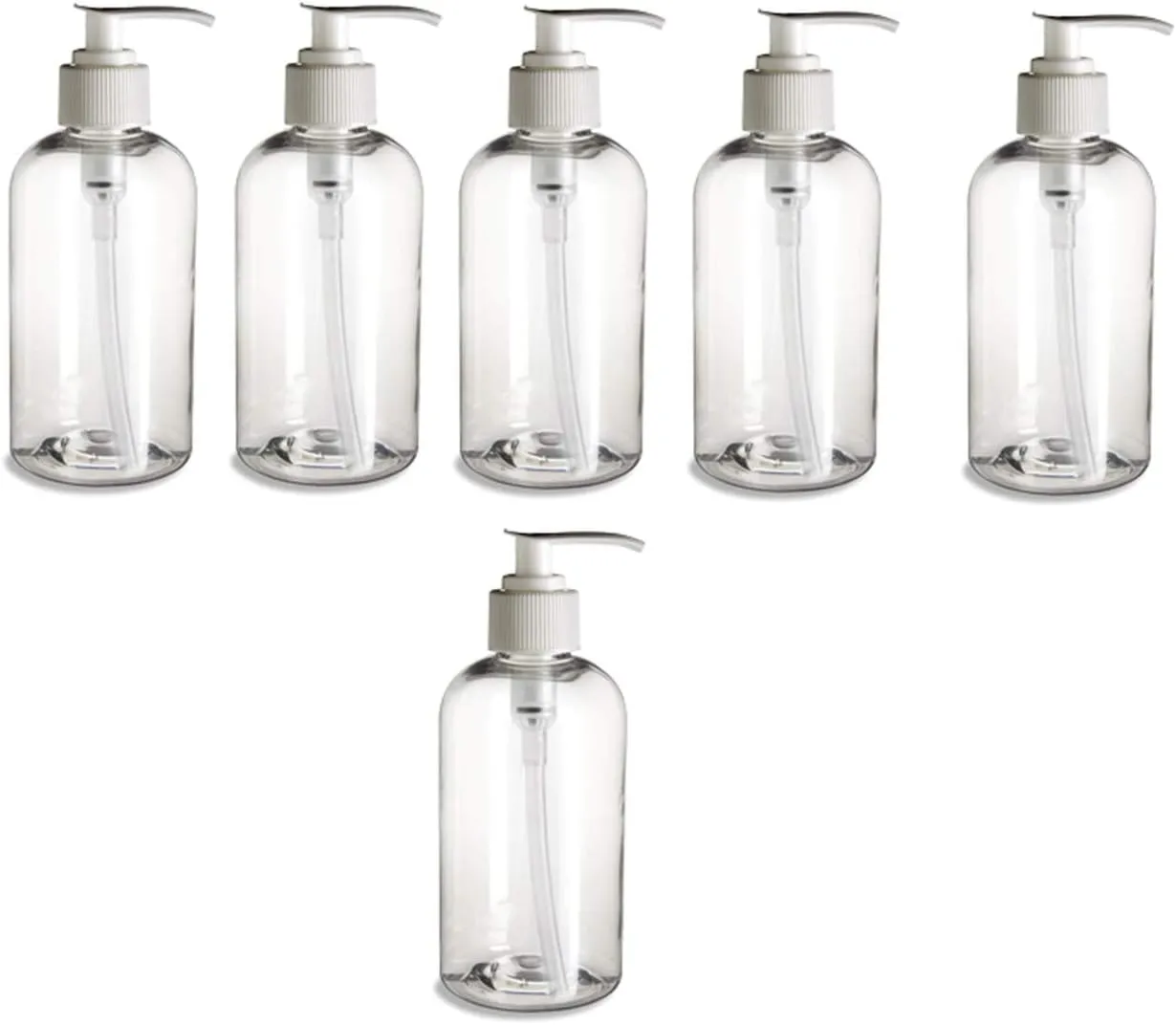 Natural Farms 6 pack- 8 oz Clear PET Boston Round Plastic Bottle with White Pump- Made in the USA