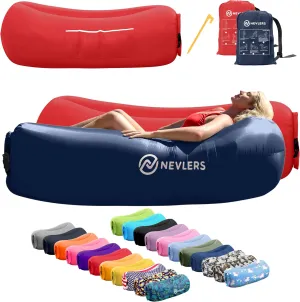 Nevlers 2 Pack Inflatable Loungers Air Sofa Couch | Perfect for Beach Chair Camping Chairs or Portable Hammock |Travel Bag Pouch, Pegs & 3 Pockets| Movie Seating & Camping Accessories Blow Up Lounger