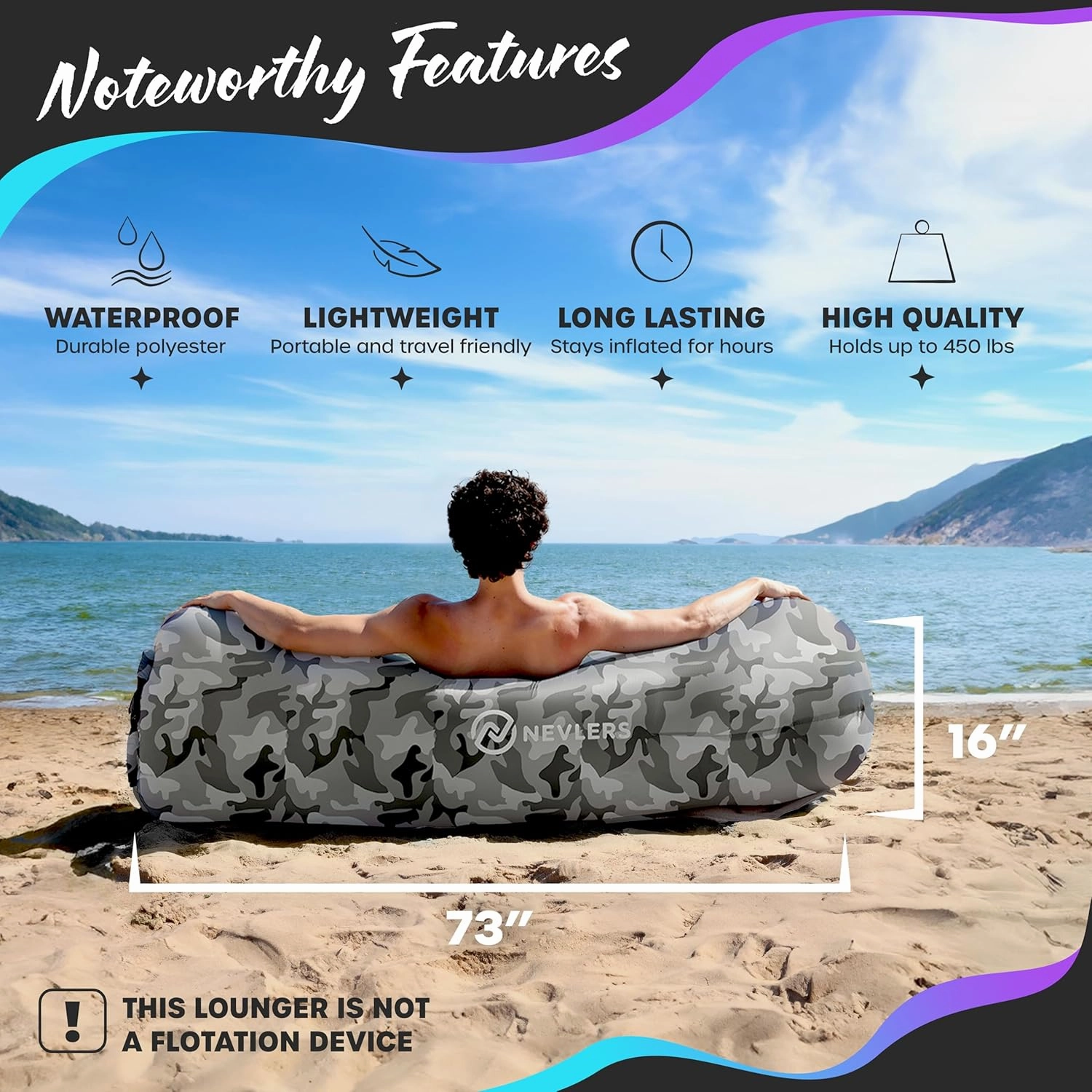 Nevlers Inflatable Lounger | 210T Polyester Inflatable Chair | No-Pump Blow Up Couch | Camping Couch Air Sofa Bed w/ 450 lbs. Cap., Pockets & Matching Bag | Use as Inflatable Couch for Adults & Kids