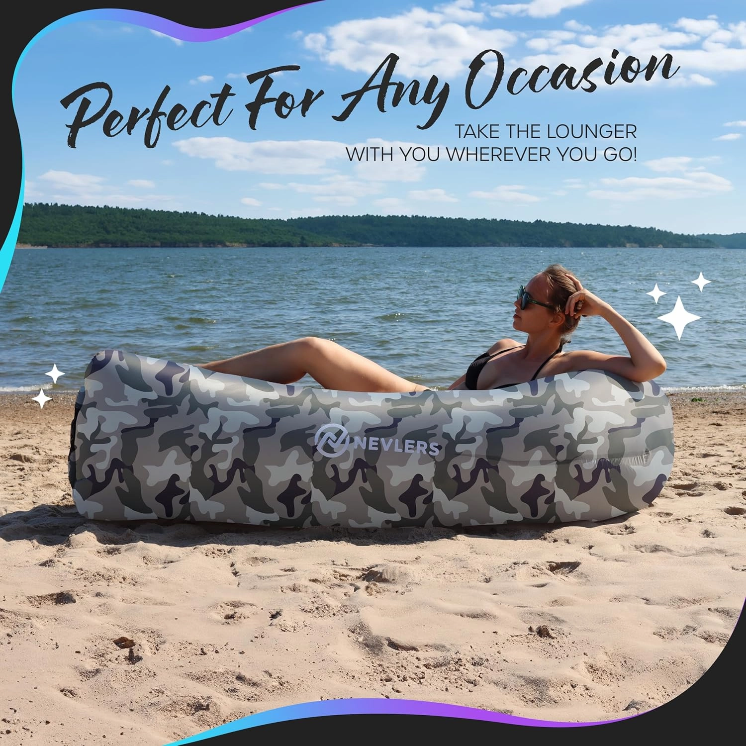 Nevlers Inflatable Lounger | 210T Polyester Inflatable Chair | No-Pump Blow Up Couch | Camping Couch Air Sofa Bed w/ 450 lbs. Cap., Pockets & Matching Bag | Use as Inflatable Couch for Adults & Kids
