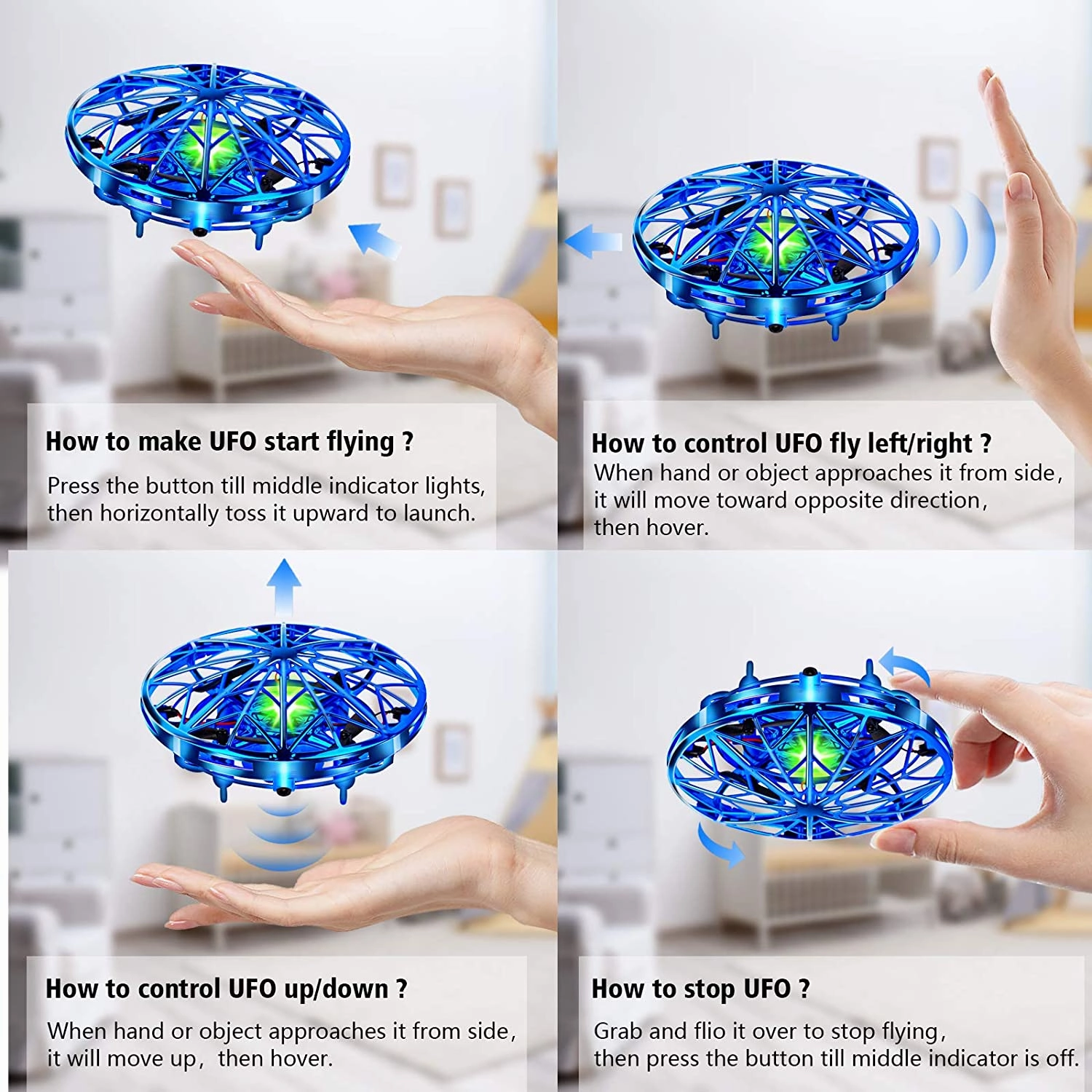 New in package! UTTORA Mini Drone for Kids or Adults Flying Toy Hand Operated UFO Helicopter RC Toy with 360°Rotating & 5 Motion Sensor & Flashing LED & 2 Speed Modes, Blue!