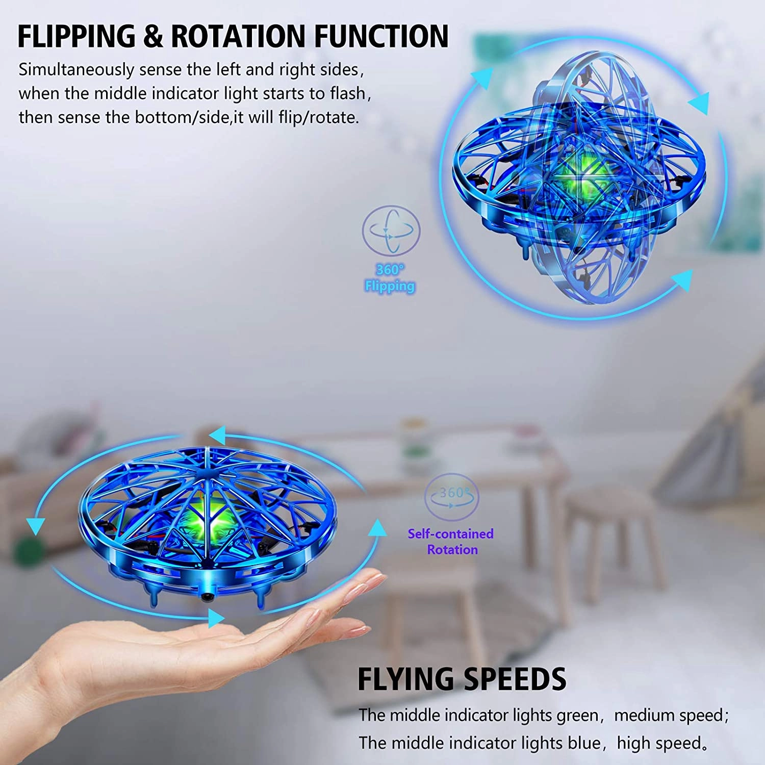 New in package! UTTORA Mini Drone for Kids or Adults Flying Toy Hand Operated UFO Helicopter RC Toy with 360°Rotating & 5 Motion Sensor & Flashing LED & 2 Speed Modes, Blue!
