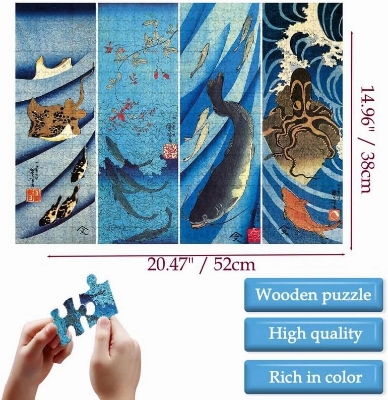 Nine Looms Wooden Jigsaw Puzzle for Adults and 1000 Pcs Japanese Jigsaw carp Ukiyo-e Kuniyoshi Kagawa Works Octopus ray Black Fish Wood Storage Box Fun Challenge Family Game Premium Creative Gift